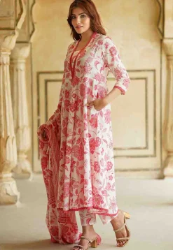 Printed Pure Cotton Aline Suit in Off White and Dark Pink