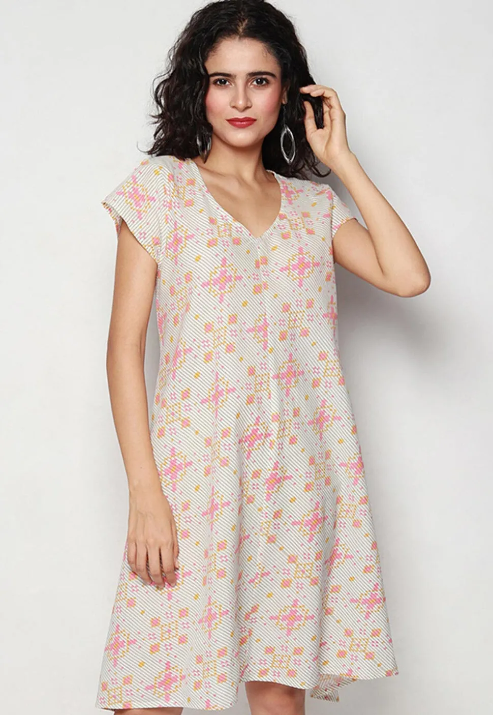 Printed Pure Cotton Aline Dress in Off White