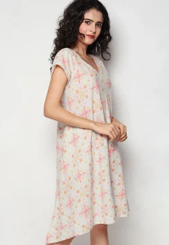 Printed Pure Cotton Aline Dress in Off White