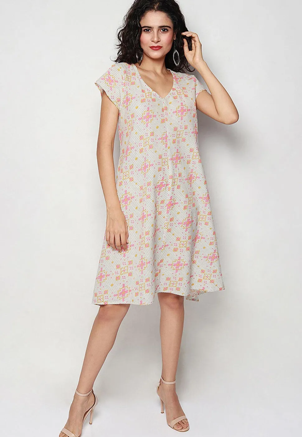 Printed Pure Cotton Aline Dress in Off White