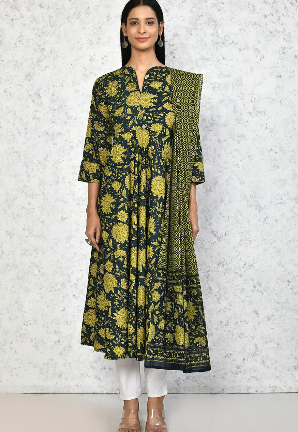 Printed Pure Cotton Aline Suit in Dark Green