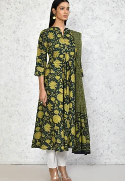 Printed Pure Cotton Aline Suit in Dark Green
