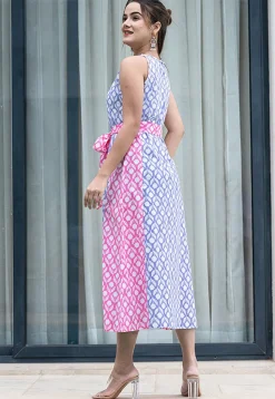 Printed Pure Cotton Aline Dress in Light Purple and Pink