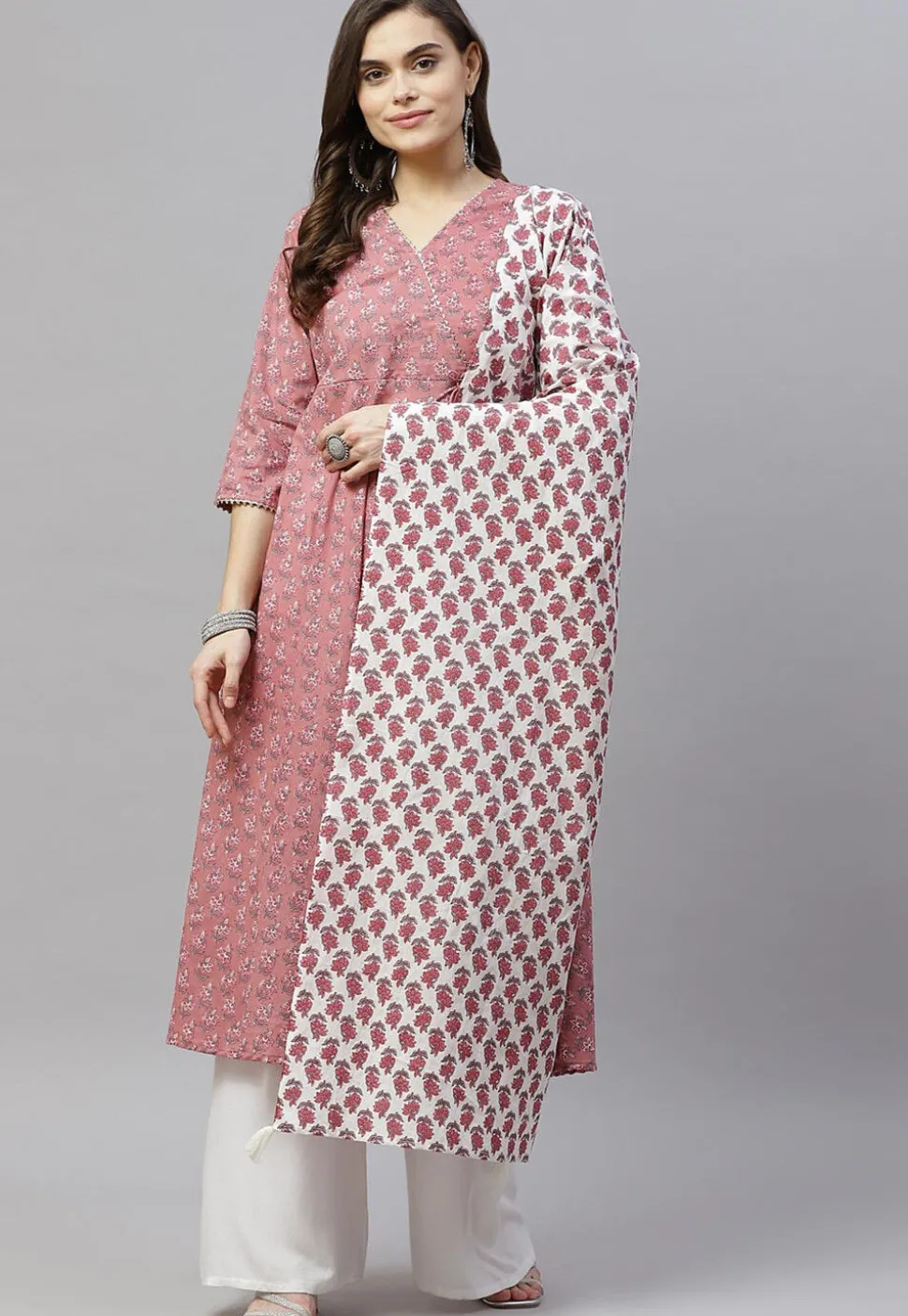 Printed Pure Cotton Aline Suit in Pink