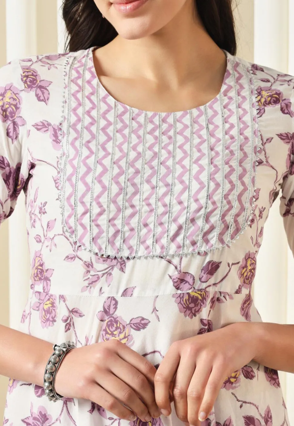 Printed Pure Cotton Aline Suit in White and Purple