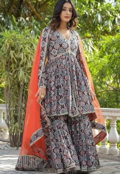 Printed Pure Cotton Aline Suit in Black