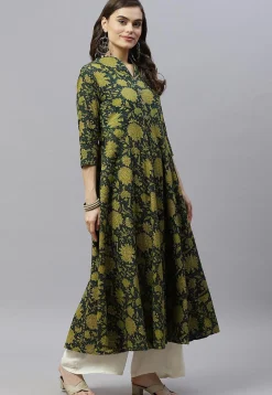 Printed Pure Cotton Aline Suit in Dark Green