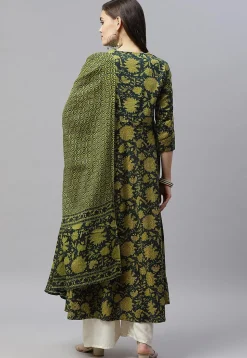 Printed Pure Cotton Aline Suit in Dark Green