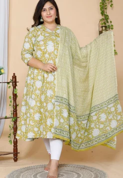 Printed Pure Cotton Aline Suit in Yellow