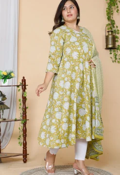 Printed Pure Cotton Aline Suit in Yellow