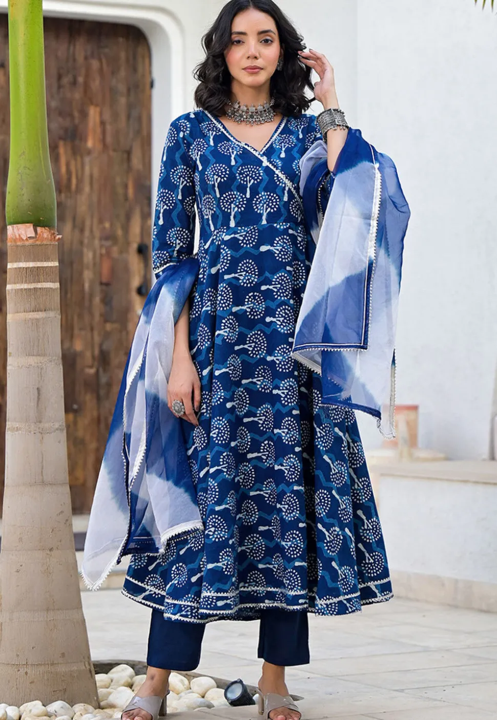 Printed Pure Cotton Aline Suit in Royal Blue