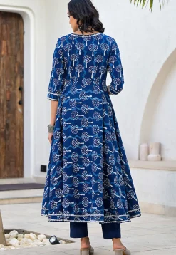 Printed Pure Cotton Aline Suit in Royal Blue