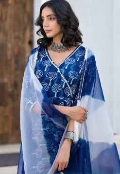 Printed Pure Cotton Aline Suit in Royal Blue