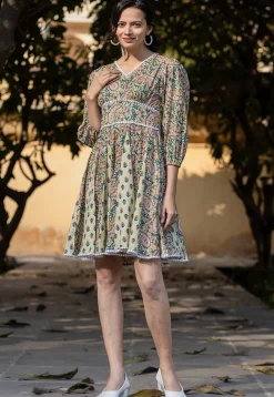 Printed Pure Cotton Aline Dress in Light Green