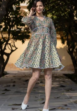 Printed Pure Cotton Aline Dress in Light Green