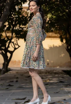 Printed Pure Cotton Aline Dress in Light Green