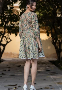 Printed Pure Cotton Aline Dress in Light Green