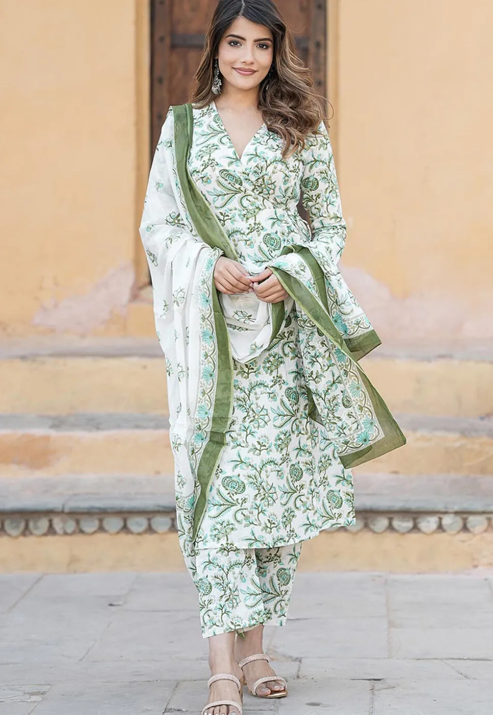 Printed Pure Cotton Aline Suit in White and Green