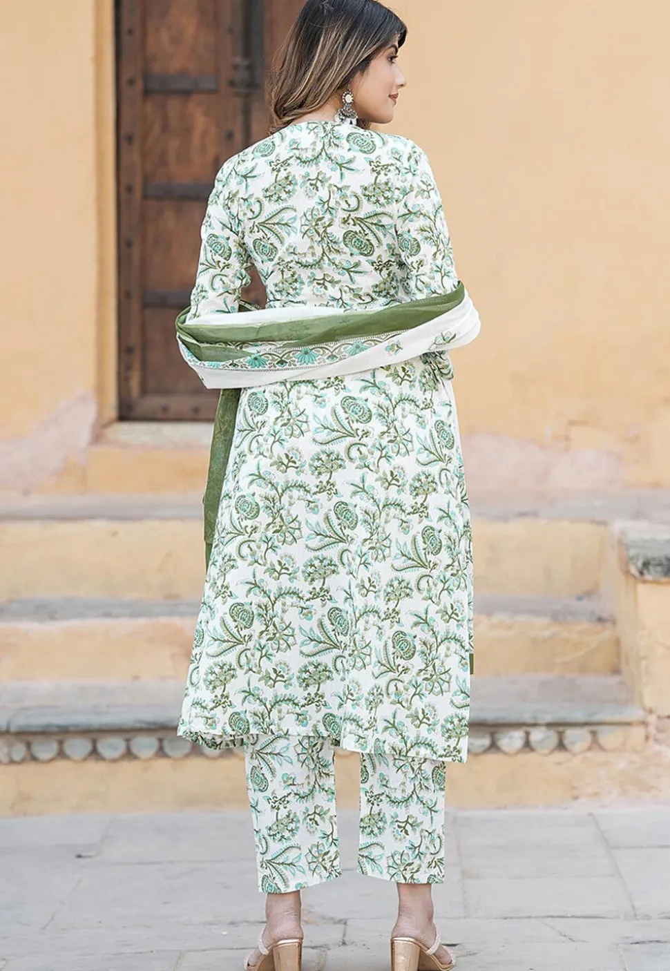 Printed Pure Cotton Aline Suit in White and Green