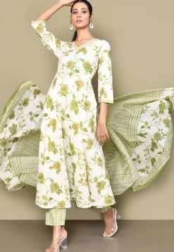 Printed Pure Cotton Aline Suit in Off White