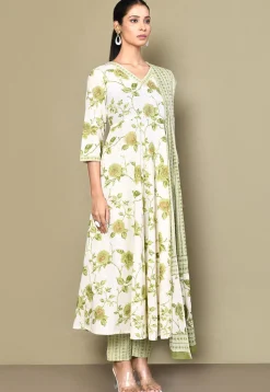 Printed Pure Cotton Aline Suit in Off White