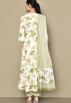 Printed Pure Cotton Aline Suit in Off White