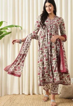 Printed Pure Cotton Aline Suit in White