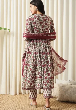 Printed Pure Cotton Aline Suit in White