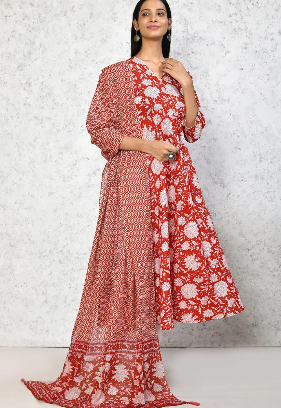 Printed Pure Cotton Aline Suit in Red