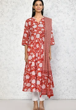 Printed Pure Cotton Aline Suit in Red