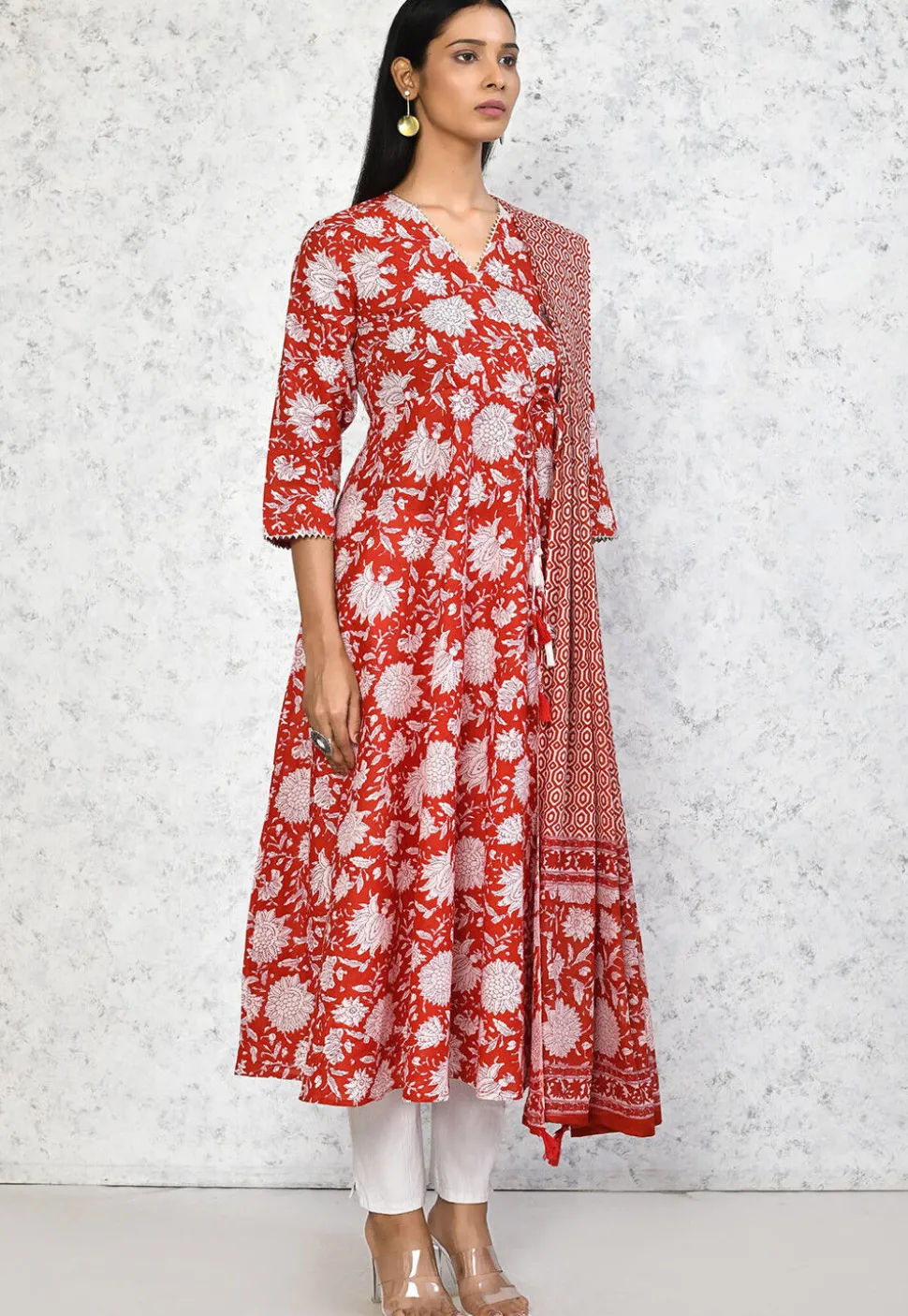 Printed Pure Cotton Aline Suit in Red