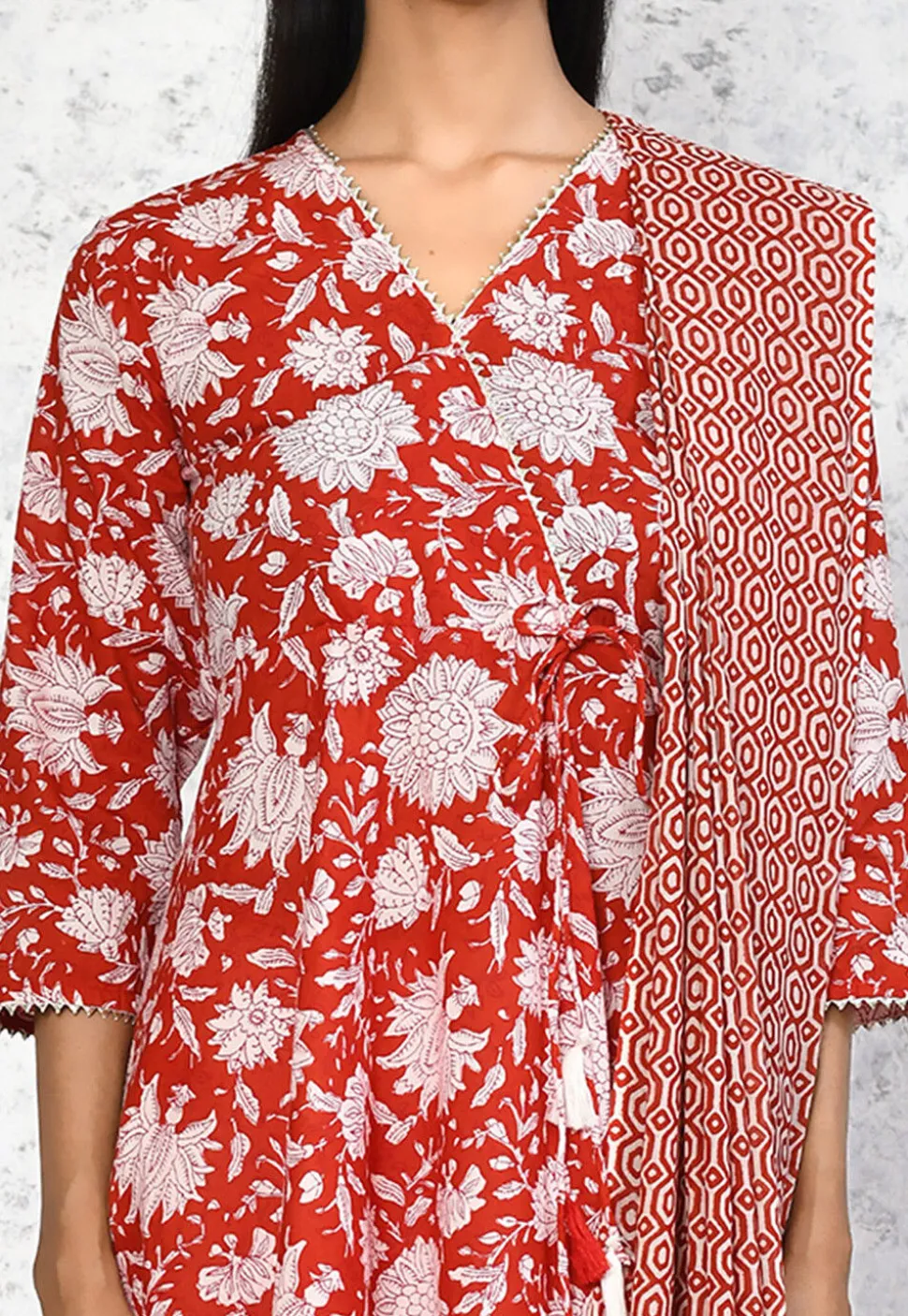 Printed Pure Cotton Aline Suit in Red