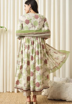 Printed Pure Cotton Aline Suit in Off White