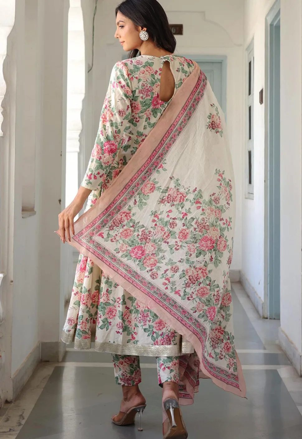 Printed Pure Cotton Aline Suit in Off White