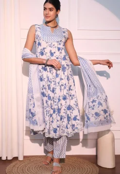 Printed Pure Cotton Aline Suit in White and Blue