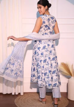 Printed Pure Cotton Aline Suit in White and Blue