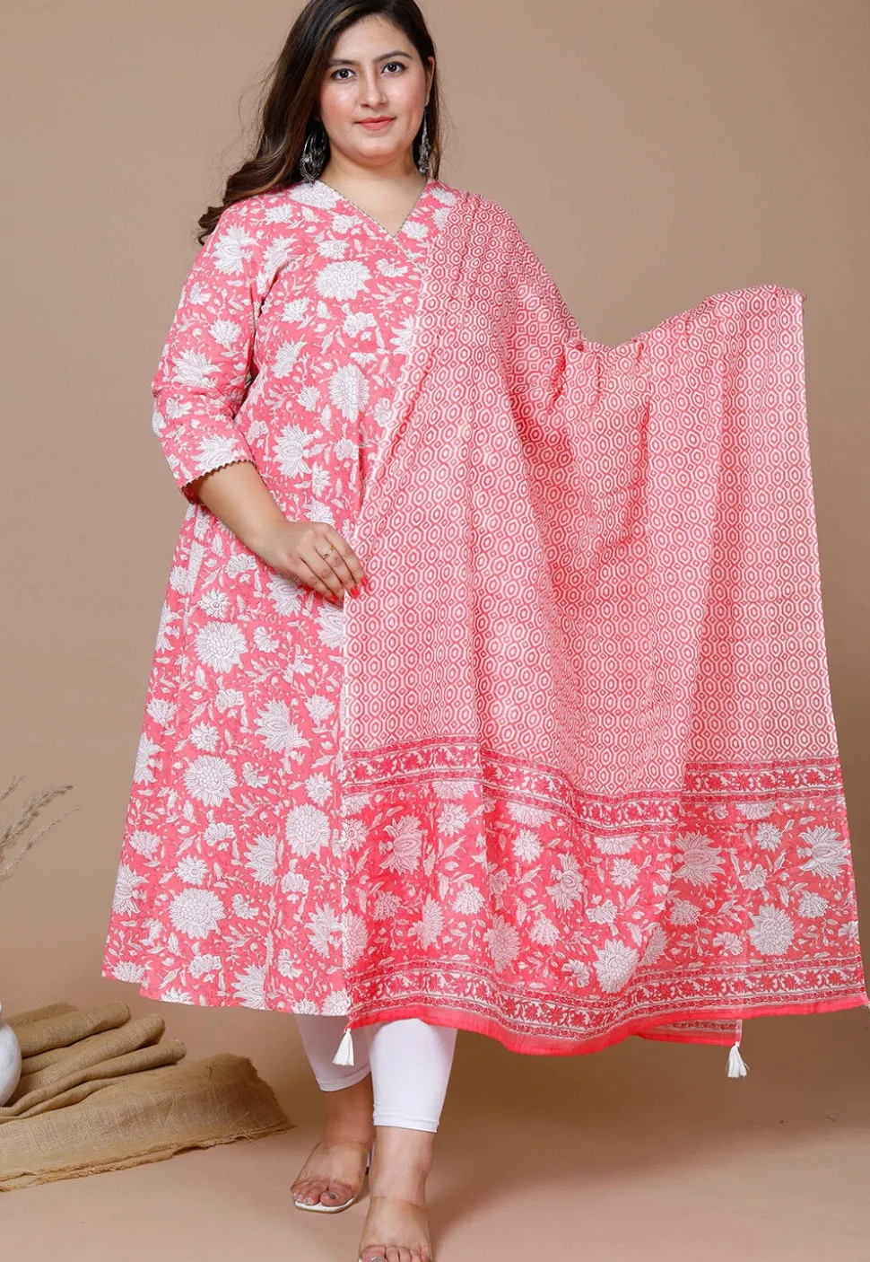 Printed Pure Cotton Aline Suit in Pink