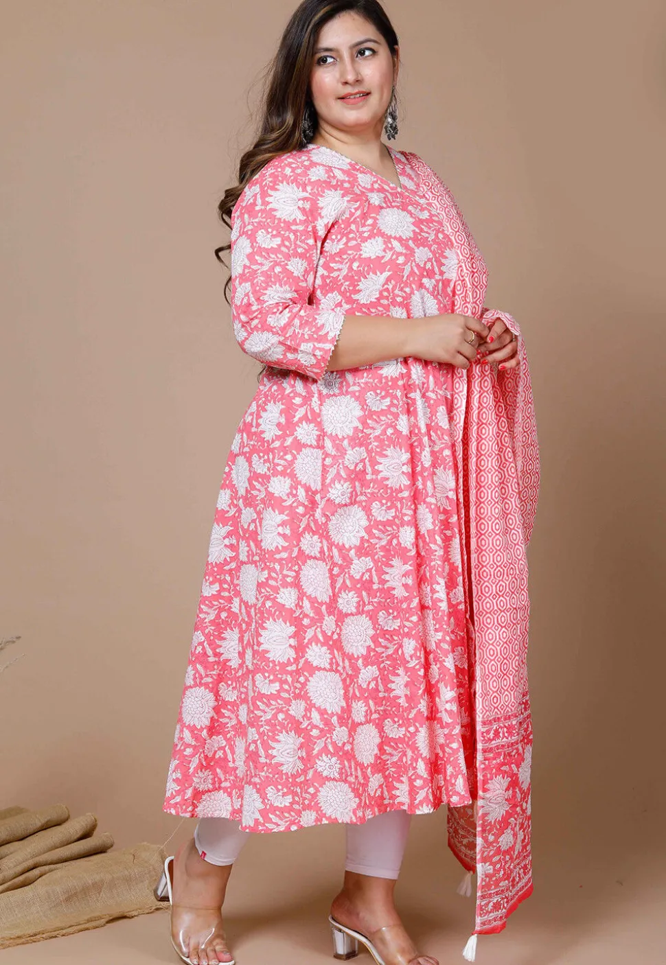 Printed Pure Cotton Aline Suit in Pink