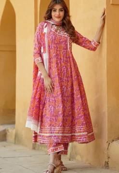 Printed Pure Cotton Aline Suit in Pink