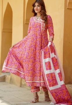 Printed Pure Cotton Aline Suit in Pink