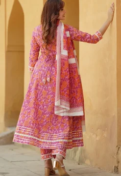 Printed Pure Cotton Aline Suit in Pink