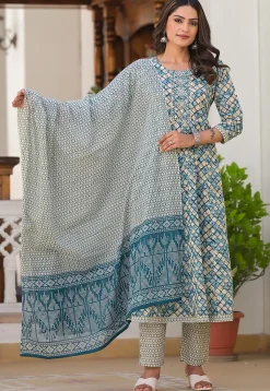 Printed Pure Cotton Aline Suit in Blue and Beige