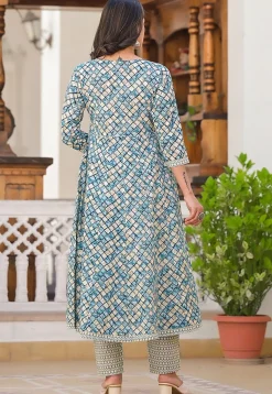 Printed Pure Cotton Aline Suit in Blue and Beige