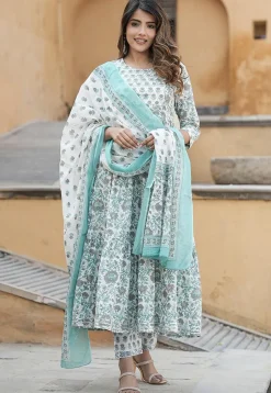 Printed Pure Cotton Aline Suit in White and Grey