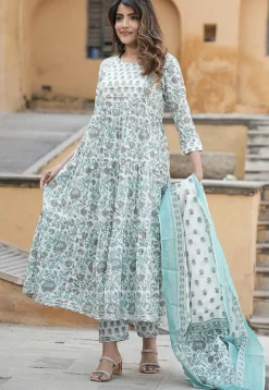 Printed Pure Cotton Aline Suit in White and Grey