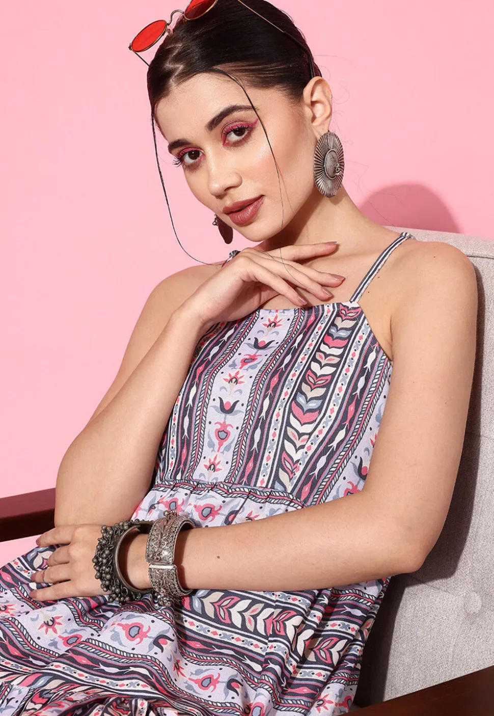 Printed Pure Cotton Aline Dress in Multicolor