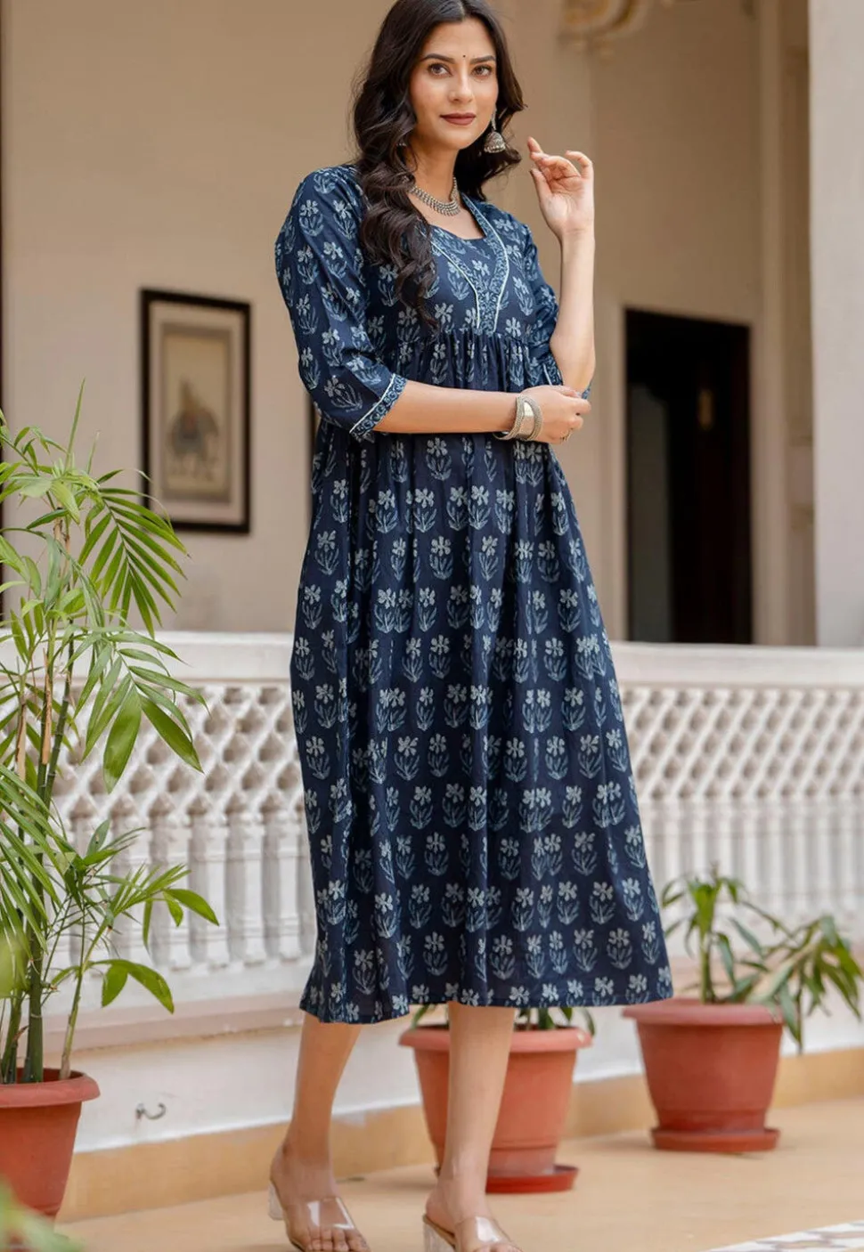 Printed Pure Cotton Aline Dress in Navy Blue