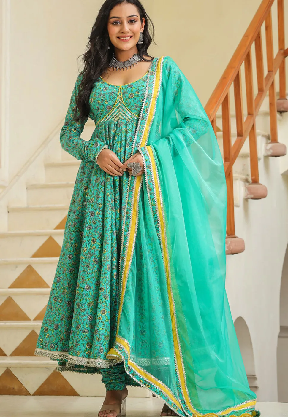 Printed Pure Cotton Aline Suit in Turquoise
