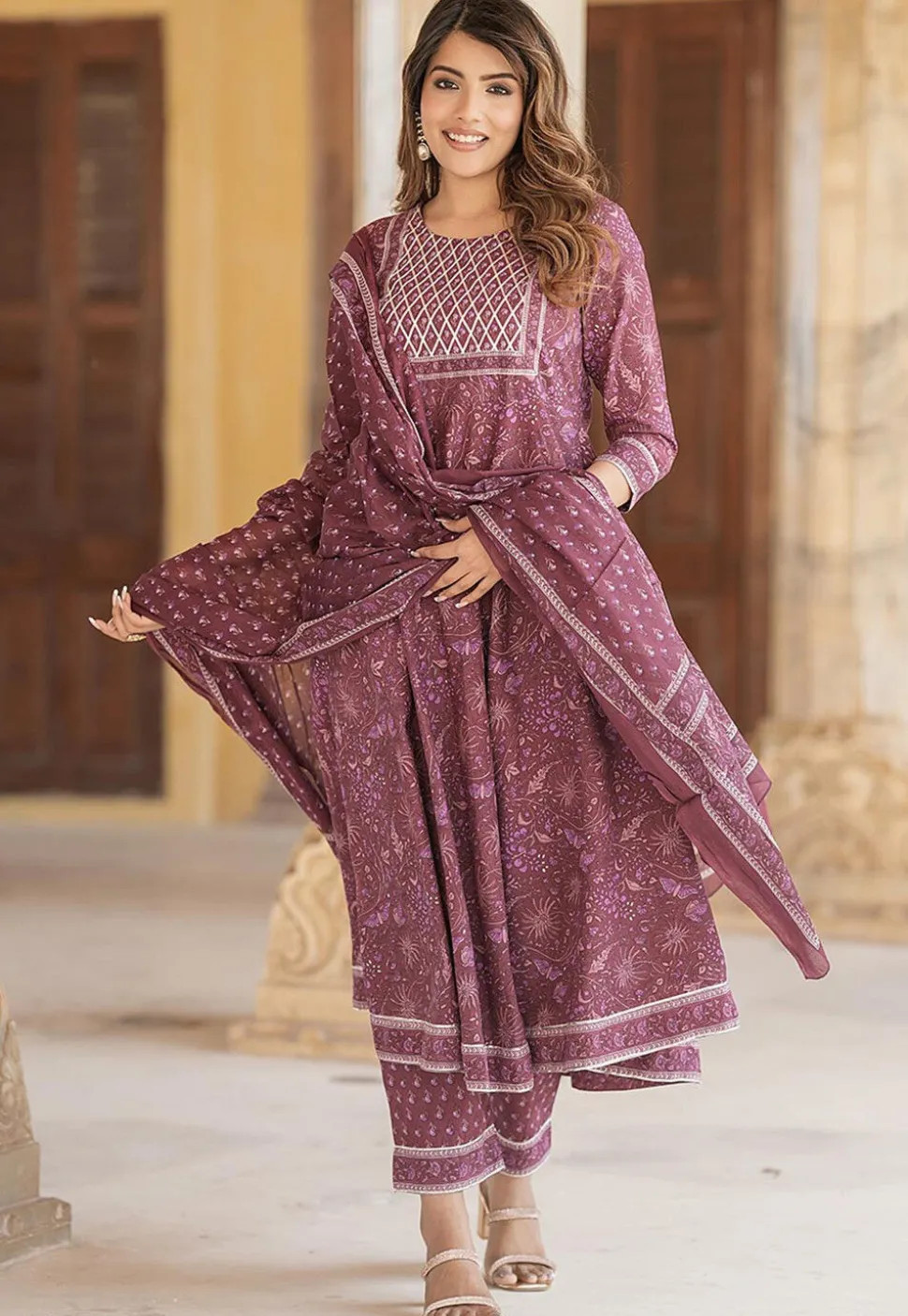Printed Pure Cotton Aline Suit in Old Rose