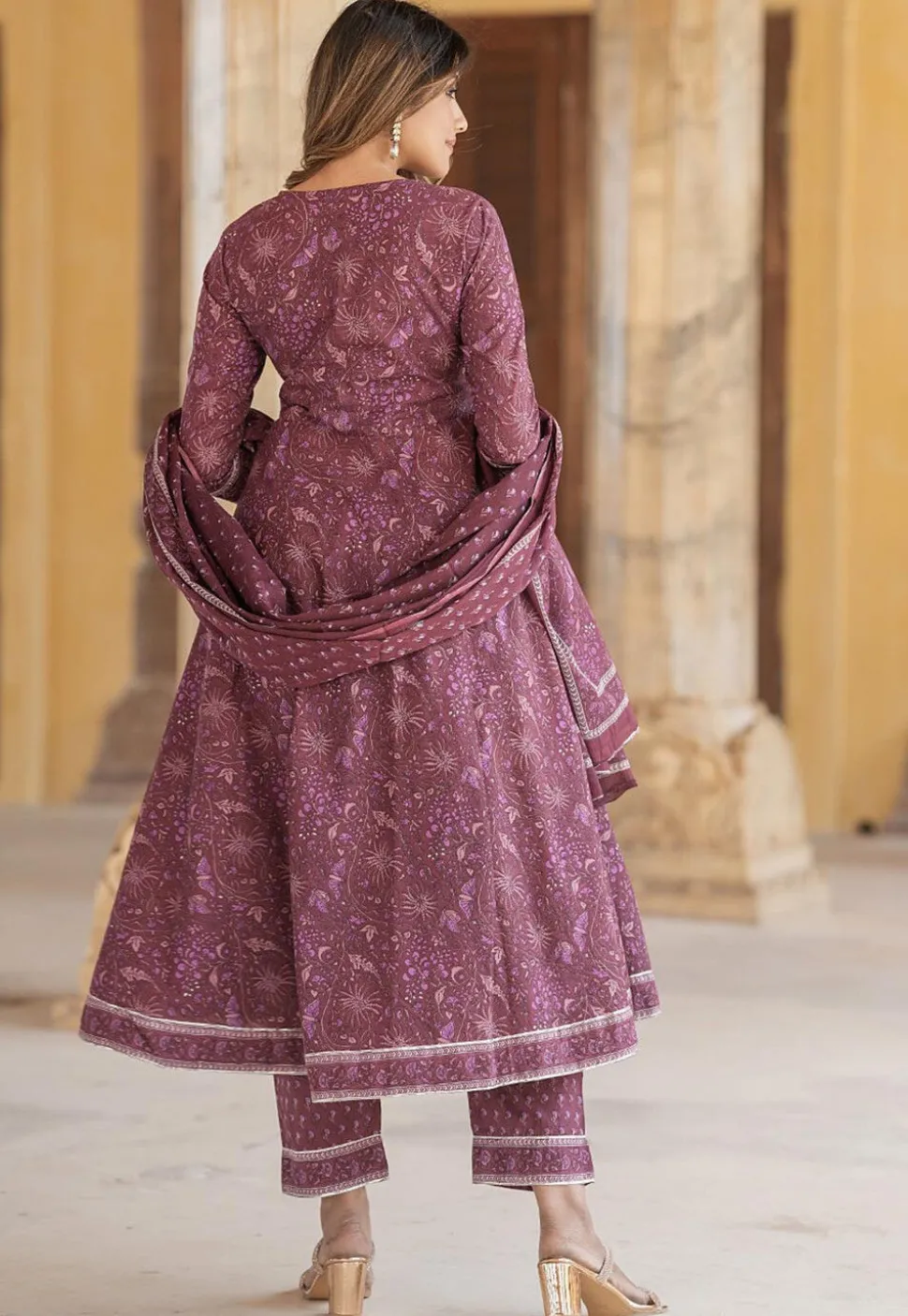 Printed Pure Cotton Aline Suit in Old Rose